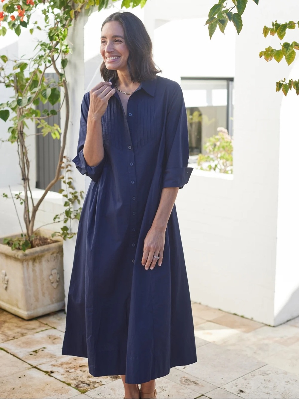 Maye 100% Cotton Susie Pintucked Shirt Midi Dress French Navy Button Front XS